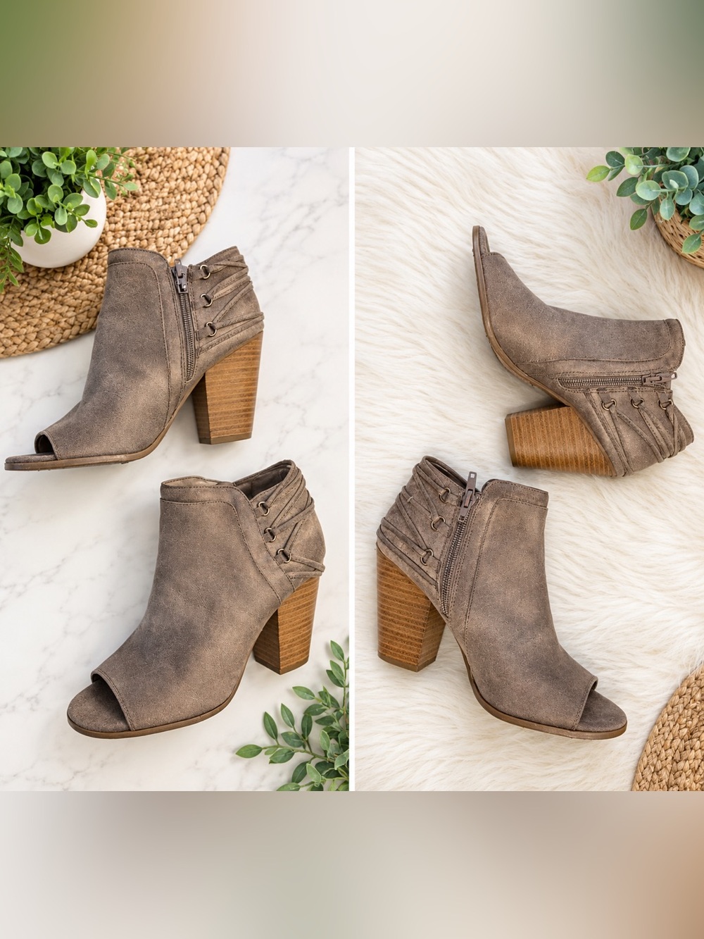 Fergalicious Taupe Faux Suede Peep Toe Ankle Booties Size 7M